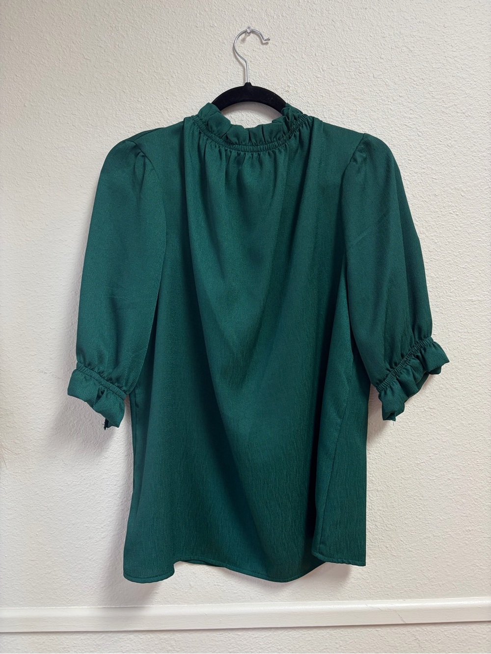 Dark Green Ruffle Neck Puff Sleeve Blouse